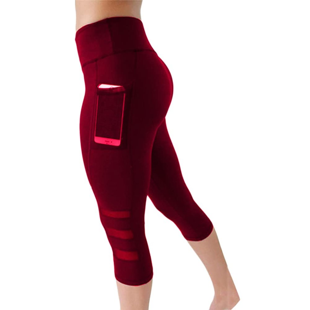 Familyhouse Women's Capris Leggings Workout Running Leggings Cropped Yoga Pants Sports Tights Gym Leggings (Wine Red,XXL)