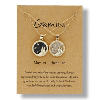 2Pcs Card Packaging 12 Constellation Moon Pendant Necklace Zodiac Horoscope Astrology Coin Chain Necklace Delicate Day Night Choker Necklaces for Women Teens Couple Friendship Jewelry Gift(Gemini)