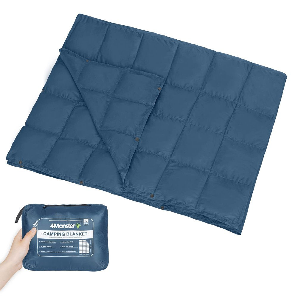 4Monster Packable Camping Blanket Lightweight,Compact Camping Quilt Water-Resistant, Wearable Warm Alternative Camping Blanket for Airplane, Hiking, Backpacking, Stadium,Beach (Navy Blue, L(55*69"))