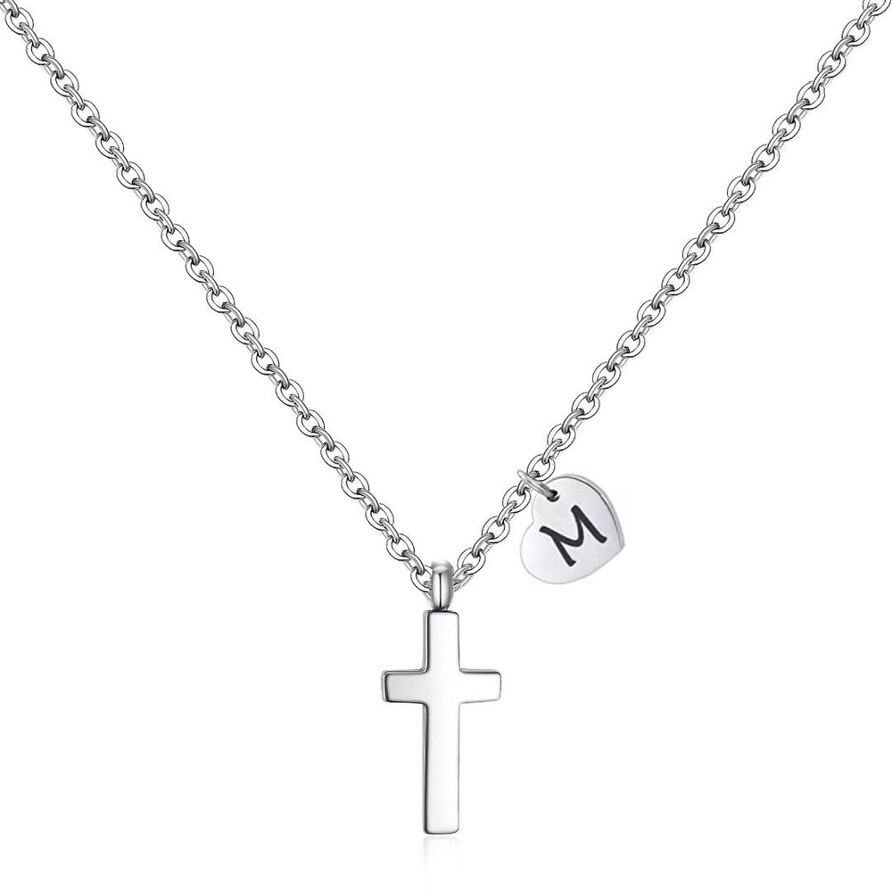 AILAAILA Tiny Cross Necklace for Little Girls Heart Initial Necklace Letter Stainless Steel Pendant Jewelry First Communion Baptism Gifts Christmas Gifts for Teens Women Silver M