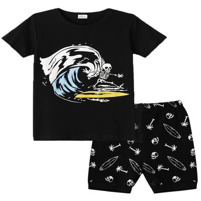 MyFav Boys Short Sleeve Pajamas Kids Summer Clothes Sleepwear Glow in Dark Short Pjs Set, Waves, 12Y