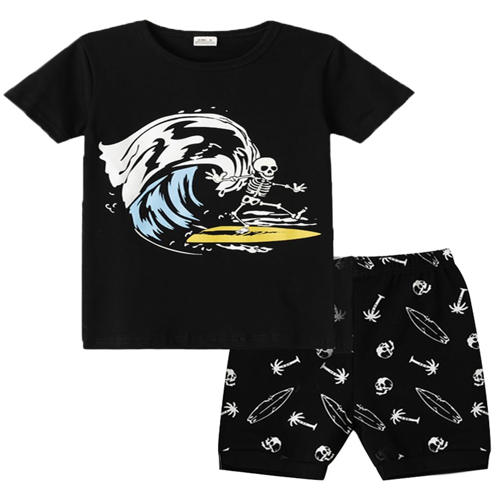MyFav Boys Short Sleeve Pajamas Kids Summer Clothes Sleepwear Glow in Dark Short Pjs Set, Waves, 12Y