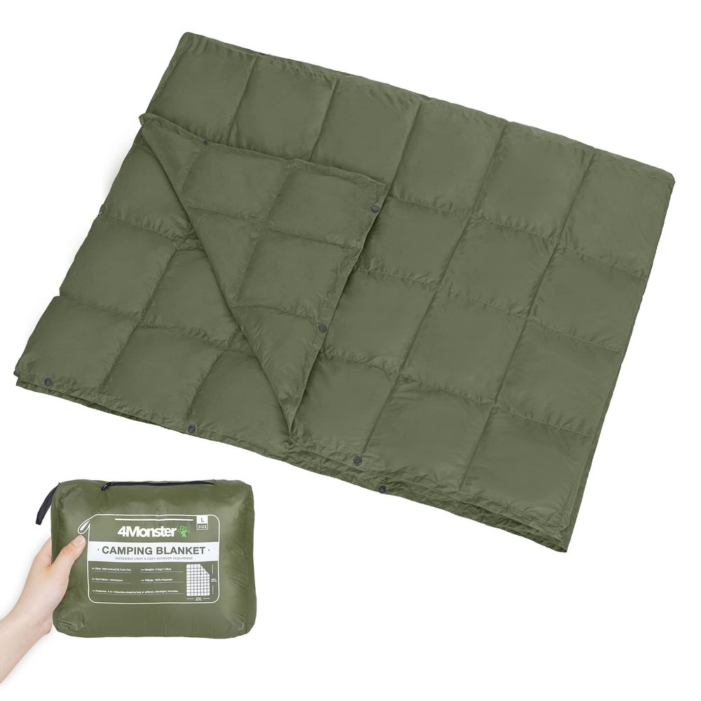 4Monster Packable Camping Blanket Lightweight,Compact Camping Quilt Water-Resistant, Wearable Warm Alternative Camping Blanket for Airplane, Hiking, Backpacking, Stadium,Beach (Army Green, L(55*69"))