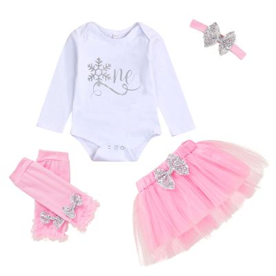 GRNSHTS Baby Girl My 1st Birthday Outfits Snowflake One Romper+Tutu Skirt+Leg Warmers With Headband 4Pcs Clothes Set(Light Pink#1,9-12M)