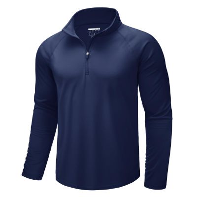 CRYSULLY Men's Running Shirt Long Sleeve Quarter Zip Pullover Moisture Wicking Quick Drying Workout Shirts Navy L