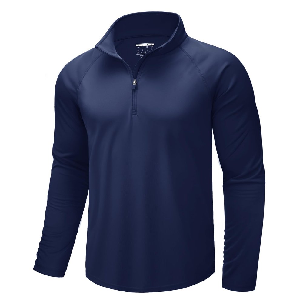 CRYSULLY Men's Running Shirt Long Sleeve Quarter Zip Pullover Moisture Wicking Quick Drying Workout Shirts Navy L