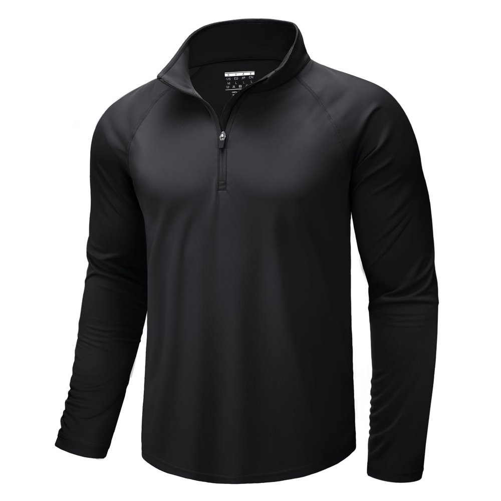 CRYSULLY Men's Sun Protection T Shirt 1 4 Zip Long Sleeve Fishing Rash Guard Performance Pullover Black XL