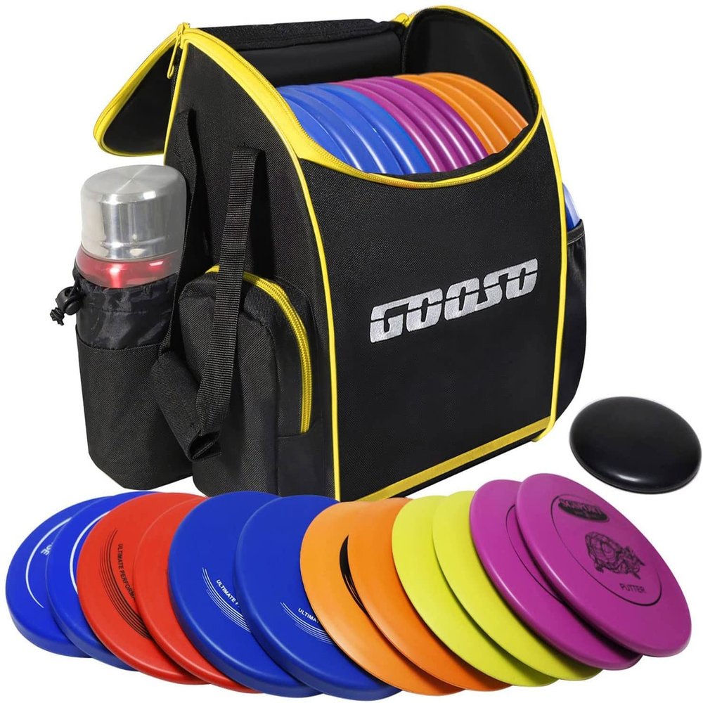 GOOSO Disc Golf Set with Bag - 12 PCS Flying Disc Golf Discs for Beginner with Putter, Midrange, Driver | Portable Disc Golf Backpack Holds 28+ Discs Free Stand Bag Design for Convenient Use