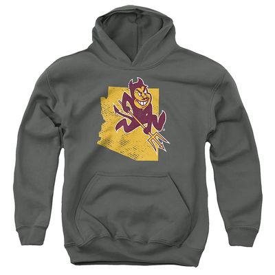 ASU Sun Devils Arizona State Official State Shape Unisex Youth Pull-Over Hoodie,Charcoal, Medium