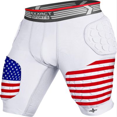 Exxact Sports Elite 5-Pad Adult Football Girdle for Men with Cup Pocket, Padded Compression Shorts with Integrated Hip, Thigh, Tailbone Pads, Men's Girdle Football (A4XL, Patriot)