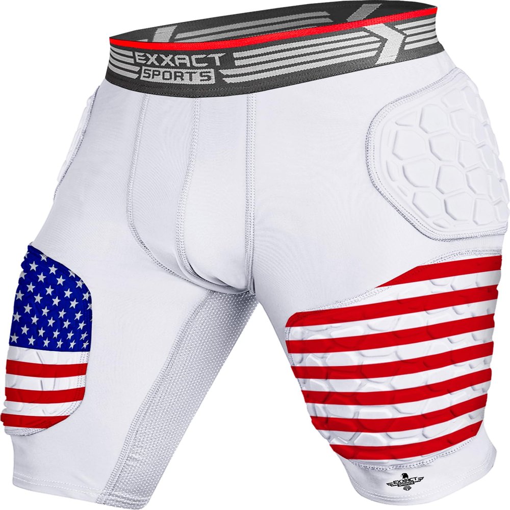 Exxact Sports Elite 5-Pad Adult Football Girdle for Men with Cup Pocket, Padded Compression Shorts with Integrated Hip, Thigh, Tailbone Pads, Men's Girdle Football (A4XL, Patriot)