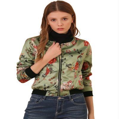 Allegra K Women's Bomber Jacket Satin Long Sleeve Zipper Floral Print Casual Fall Coat with Pocket Winter Outwear Medium Light Green
