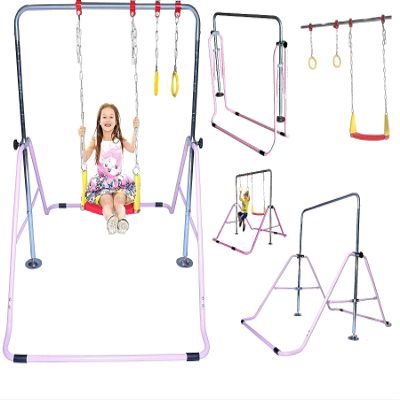 Gymnastics Training Bar for Kids Home Expandable Folding Kip Bar 4 in 1 Set with Swing Seat, 2 Trapeze Rings | Horizontal Bar Junior Gymnastic Equipment Height Adjustable Monkey Bars Jungle Gym Pink