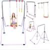 Gymnastics Training Bar for Kids Home Expandable Folding Kip Bar 4 in 1 Set with Swing Seat, 2 Trapeze Rings | Horizontal Bar Junior Gymnastic Equipment Height Adjustable Monkey Bars Jungle Gym Pink view 1