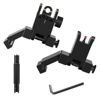 Fiber Optics Iron Sights, Low Profile 45 Degree Front and Rear Backup AR Sights, All Metal Construction Two Aperture Sight with Red and Green Dots for Picatinny and Weaver Rail