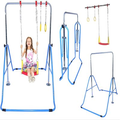Gymnastics Training Bar for Kids Home Expandable Folding Kip Bar 4 in 1 Set with Swing Seat, 2 Trapeze Rings | Horizontal Bar Junior Gymnastic Equipment Height Adjustable Monkey Bars Jungle Gym Blue