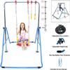 Gymnastics Training Bar for Kids Home Expandable Folding Kip Bar 4 in 1 Set with Swing Seat, 2 Trapeze Rings | Horizontal Bar Junior Gymnastic Equipment Height Adjustable Monkey Bars Jungle Gym Blue view 2