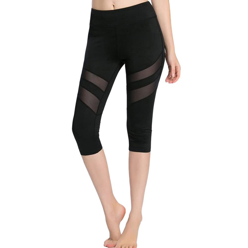Familyhouse Women Cropped 3/4 Length Gym Leggings Capri Yoga Pants Tights Mesh Workout Running Leggings (Black,XL)