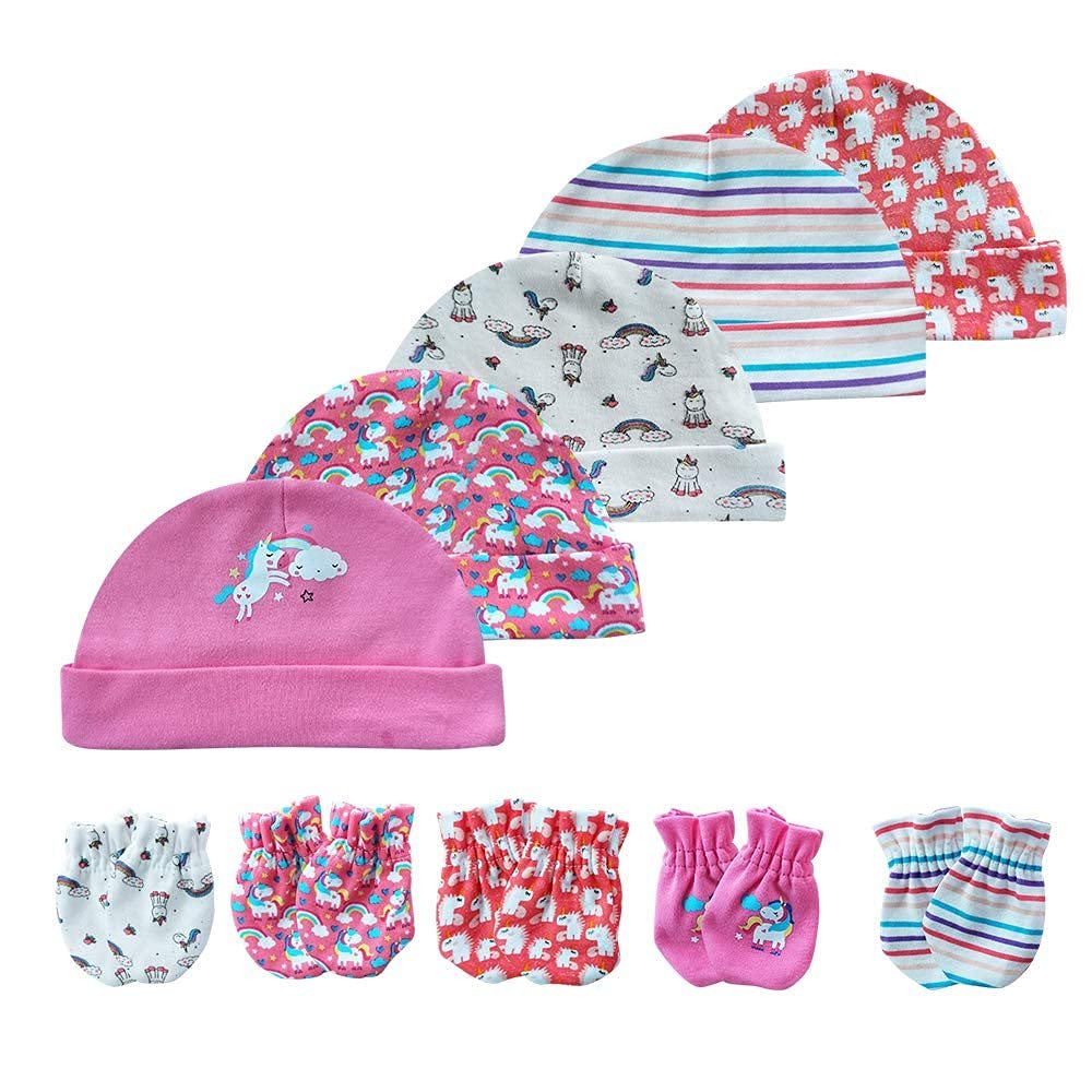 Chamie Newborn Cotton Hats Mittens Set Beanie Cap Non Scratch Gloves for Baby Boys Girls