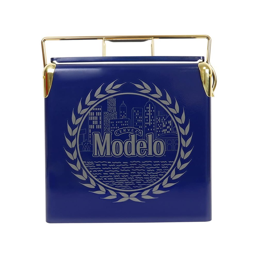 Modelo Retro Ice Chest Cooler with Bottle Opener 13L (14 qt), 18 Can Capacity, Blue and Gold, Vintage Style Ice Bucket for Camping, Beach, Picnic, RV, BBQs, Tailgating, Fishing