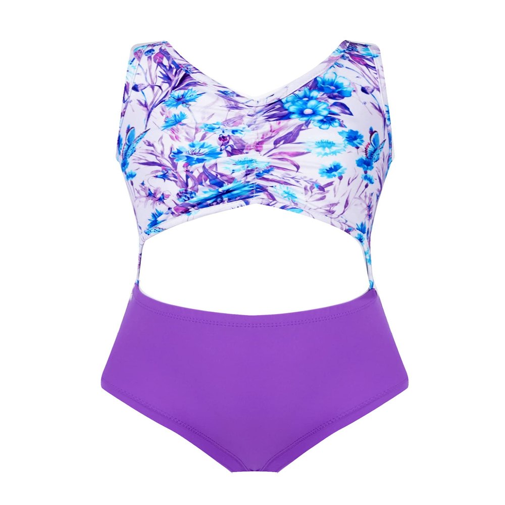 Hansber Kids Girls 1 Piece Bikini Swimwear Floral Printed Tanks Leotard Hight Cut Beachwear Sets Purple 14 Years
