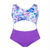Hansber Kids Girls 1 Piece Bikini Swimwear Floral Printed Tanks Leotard Hight Cut Beachwear Sets Purple 14 Years view 1