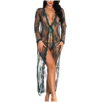 Lingerie for Women Sexy Long Cardigan Gown Lace Mesh Skirt Teddy Bodysuit Dress Nightgown See-Through Robe