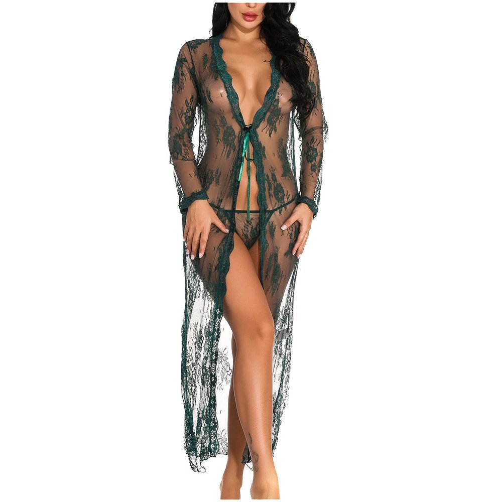 Lingerie for Women Sexy Long Cardigan Gown Lace Mesh Skirt Teddy Bodysuit Dress Nightgown See-Through Robe
