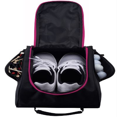 Athletico Golf Shoe Bag - Zippered Shoe Carrier Bags With Ventilation & Outside Pocket for Socks, Tees, etc. (Black/Pink)