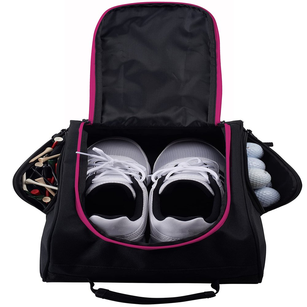 Athletico Golf Shoe Bag - Zippered Shoe Carrier Bags With Ventilation & Outside Pocket for Socks, Tees, etc. (Black/Pink)