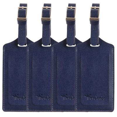 4 Pack Leather Luggage Travel Bag Tags by Travelambo (Deep Blue)