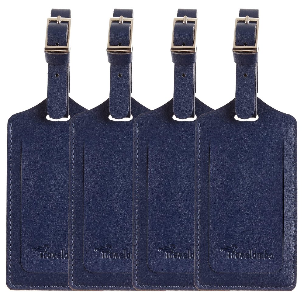 4 Pack Leather Luggage Travel Bag Tags by Travelambo (Deep Blue)