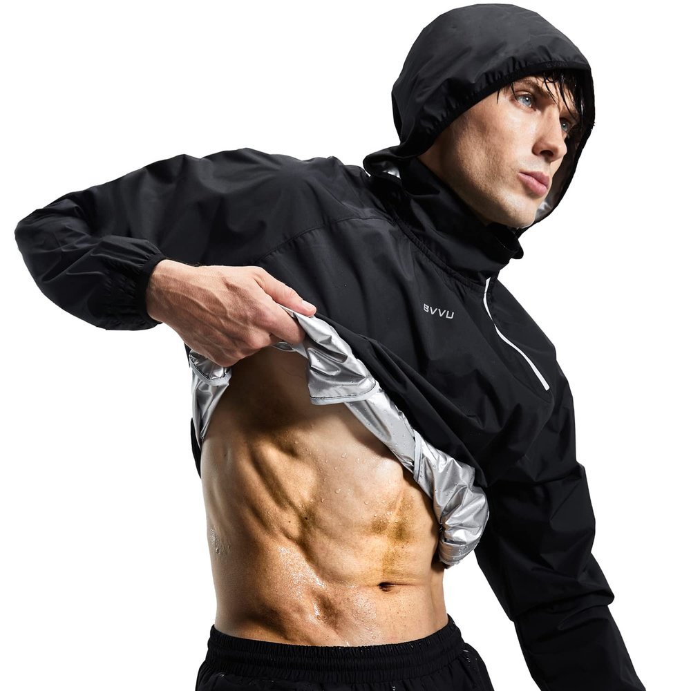 BVVU Sauna Suit for Men Zipper Sweat Sauna Jacket Pant Gym Workout Sweat Suits with Hood Black 4XL
