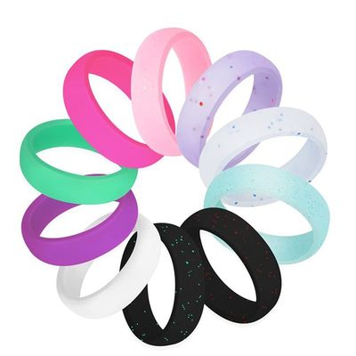 10 Pack Silicone Wedding Rings For Women, Men, Teen, Kids, Wedding Bands, Ergonomic, Hypoallergenic, Breathable Design, Rubber, Fashion, Colorful, Comfortable, Fit Skin, Safe, Unique and Beautiful Rings, Rose Flash Powder Colors 6mm Wide - 2mm Thick 