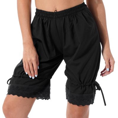 ACSUSS Women Solid Color Lace Ruffle Hem Elastic Drawstring Casual Loose Middle-Length Shorts Black Medium