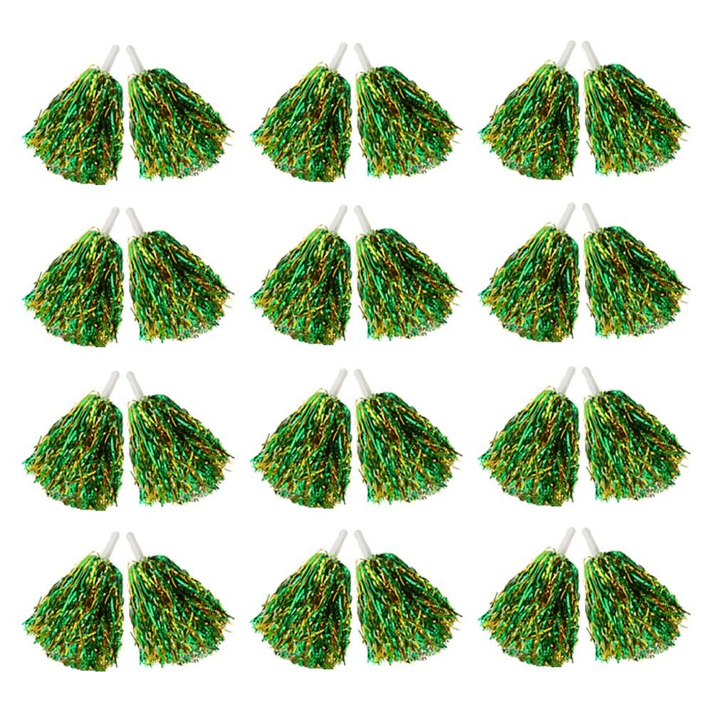 Hooshing 12PCS Pom Poms Cheerleading Metallic Foil Green and Gold Cheer Pom Poms with Plastic Handles for Rooters Cheering Squard Team Spirit Sports Party