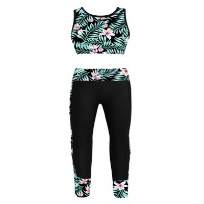 Hansber Kids Girls Crop Top and Athletic Leggings Set Camouflage Gymnastics Clothes Set 2 Piece Workout Dance Outfits Floral 12