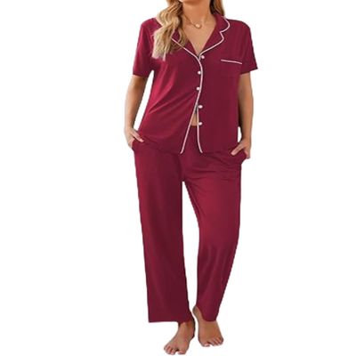 Ekouaer Women Pajamas Set Button Down Sleepwear Short Sleeve Nightwear with Long Pants Soft Pjs Set S-XXL Dark Red XXL