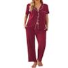 Ekouaer Women Pajamas Set Button Down Sleepwear Short Sleeve Nightwear with Long Pants Soft Pjs Set S-XXL Dark Red XXL view 1