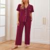 Ekouaer Women Pajamas Set Button Down Sleepwear Short Sleeve Nightwear with Long Pants Soft Pjs Set S-XXL Dark Red XXL view 2