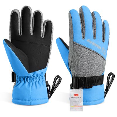WALSKING Kids Thinsulate Winter Snow Waterproof Ski Insulated Cold Weather Gloves for Boys Girls,Blue,Size L
