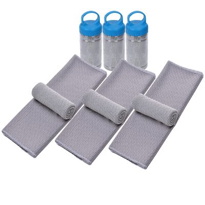Cooling Towel for Instant Heat Relief, Cool Towel with Carry Bottle, Soft Chilly Towel Easy Carrying and Stay Cool for Yoga, Golf, Gym, Camping, Running, Workout & More Activities 3PCS Light gray