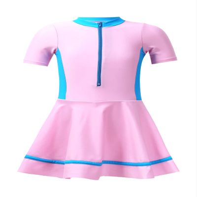 Hansber Kids Girls Rash Guard Athletic Swimsuit 1-Piece Short Sleeve Built-in Bottoms Skirts Bathing Suit Pink 4 Years