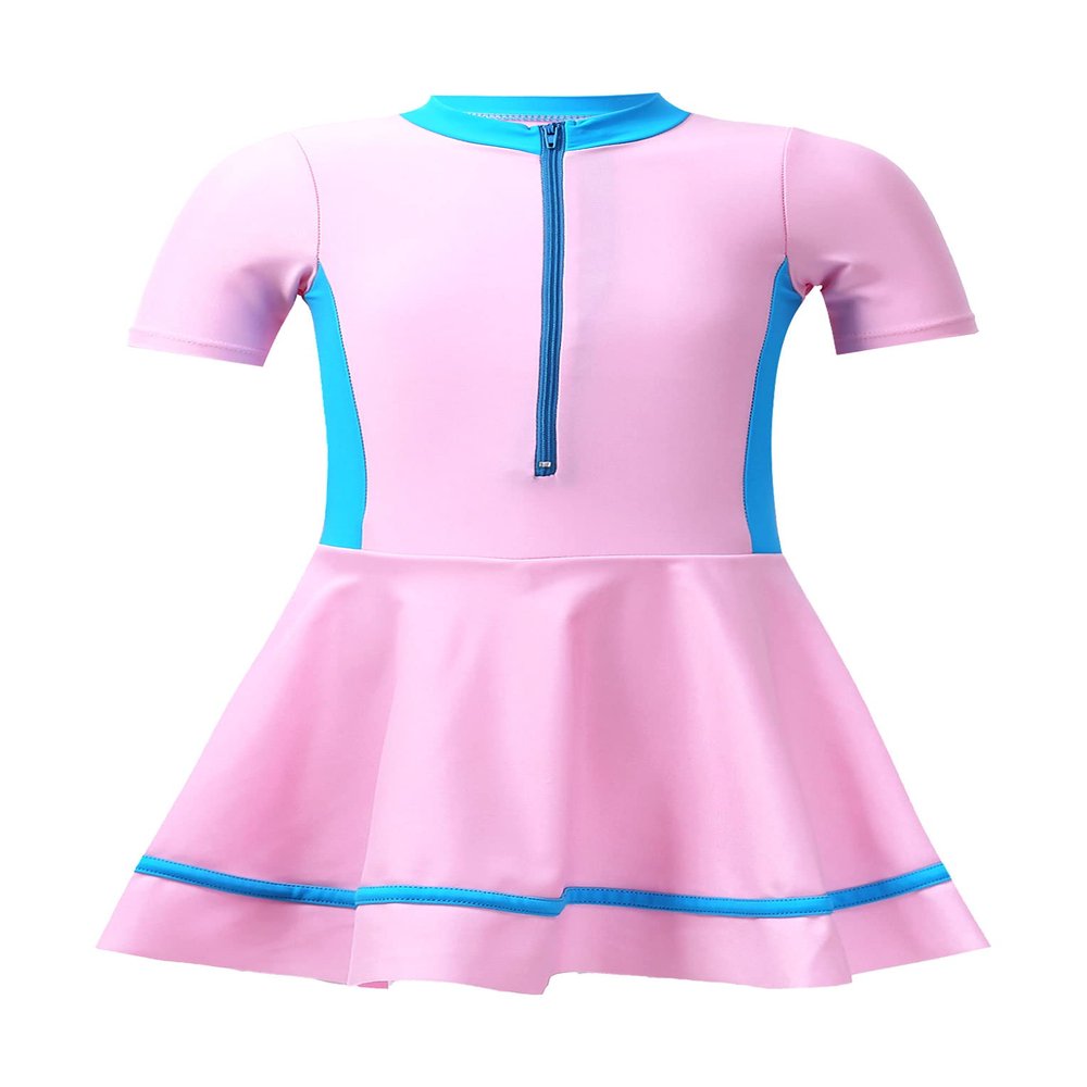 Hansber Kids Girls Rash Guard Athletic Swimsuit 1-Piece Short Sleeve Built-in Bottoms Skirts Bathing Suit Pink 4 Years