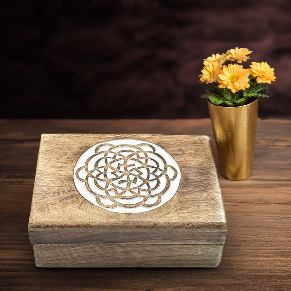 STORE INDYA Wooden Handmade Decorative Mandala Carving Wooden Jewelry Box with Whitewash finish Treasure Box Jewelry Organizer Keepsake Box Treasure Chest Trinket Holder Watch Box Gifts for her Girl