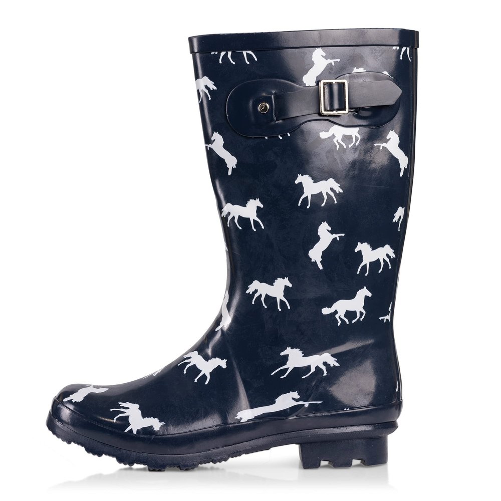 NORTY Waterproof Rain Boots for Women Size 11, Mid Calf Rain Shoes, Slip-Resistant, Comfortable Rainboots, Stylish Outdoor Garden Boots, Glossy Navy Horses, 11.25" Shaft