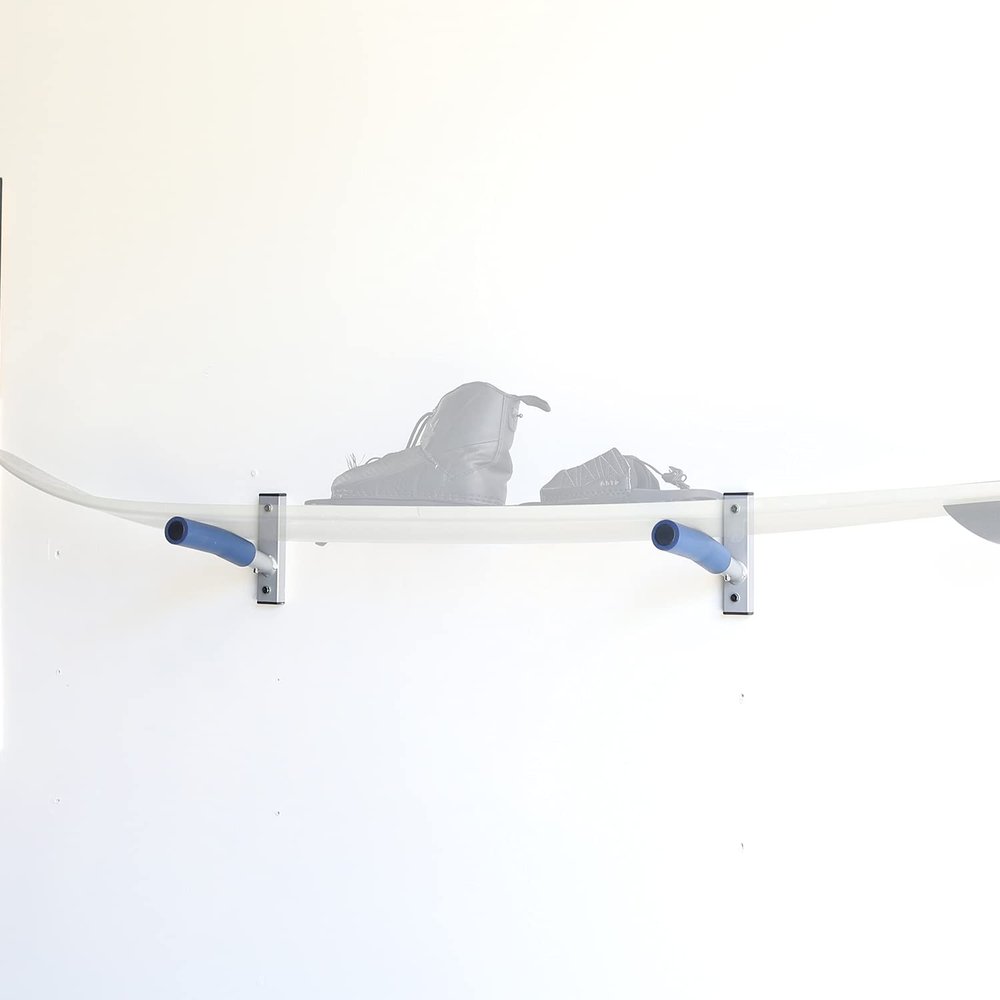 SPAREHAND Single Wall Mount Rack Heavy Duty 9-Inch Cradle Arms with PVC Padding 1-Tier Storage System for 1 SUP, Surfboard, Wakeboards & Skis Ideal for Home & Garage Display (Blue Pads on White)