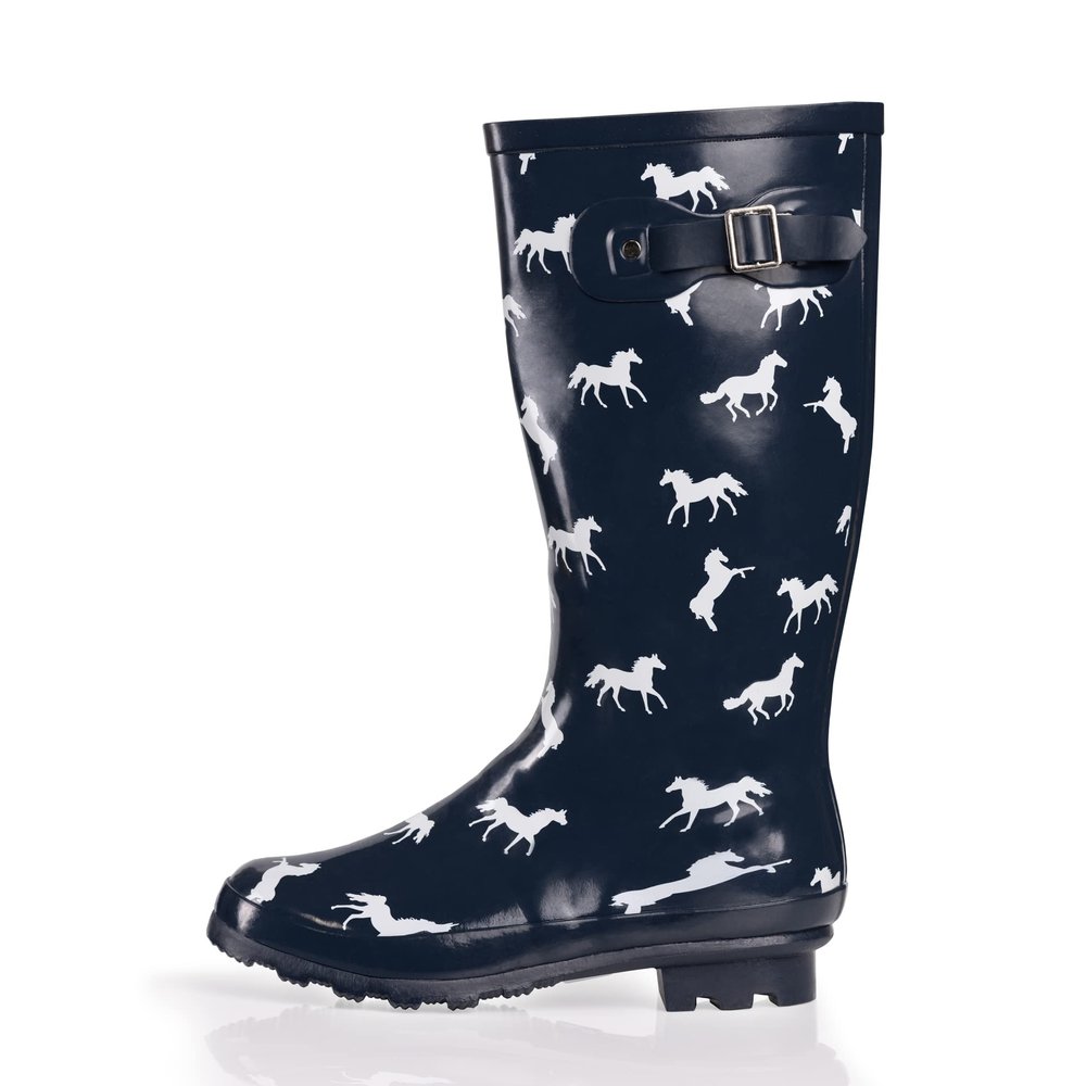 NORTY Waterproof Rain Boots for Women Size 11, Tall & High Calf Rain Shoes, Slip-Resistant, Comfortable Rainboots, Stylish Outdoor & Garden Boots, Glossy Navy Horses, 13.25 Shaft