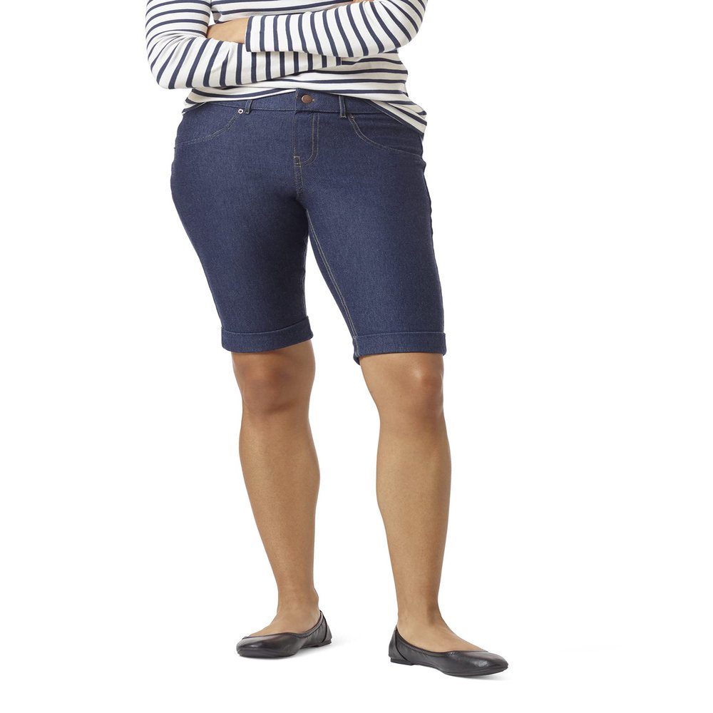 HUE Women's Essential Denim Shorts with Rolled Cuffs, Pull On Bermuda Jean Shorts, Deep Indigo Wash, 2X