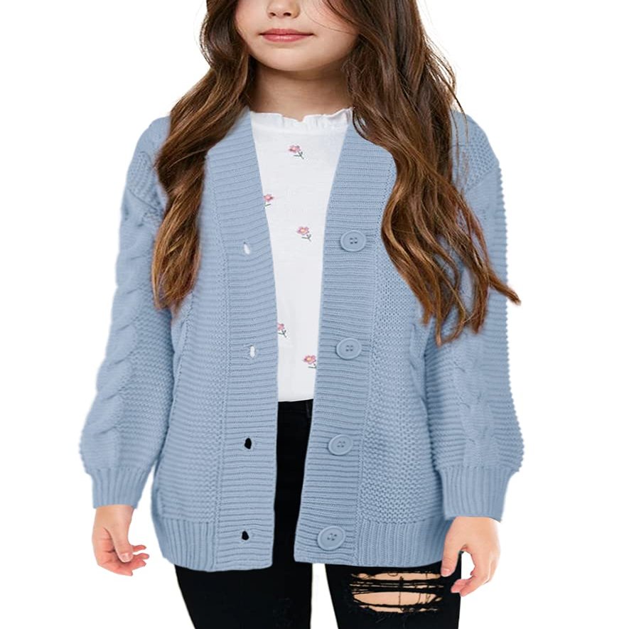 Apbondy Girls Cable Knit Cardigans Button Down Long Sleeve Chunky Sweater Outerwear Blue